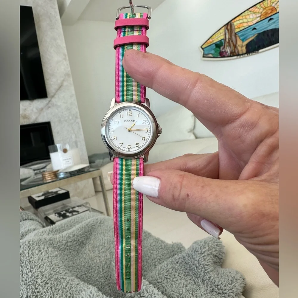 Vintage Pedre Women's Watch with Pink and Green Striped Band